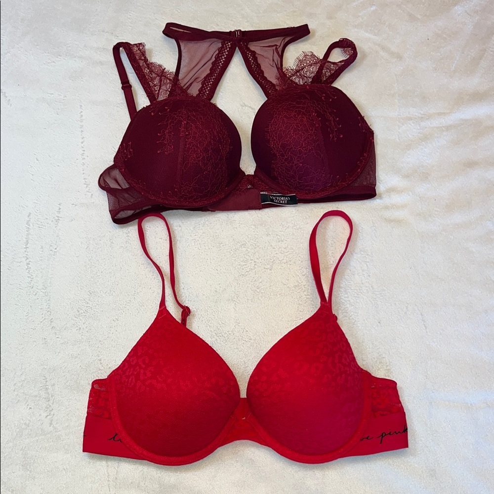 Victoria Secrets , Pink 2 Elegant‎ Red and Burgundy Lace Bras Size 34C Push-up